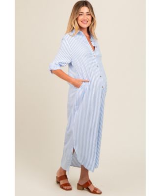 Maternity Light Blue Striped Button Down Maxi Dress