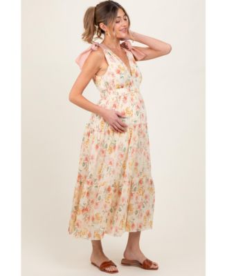 Maternity Cream Floral Shoulder Tie Deep V-Neck Tiered Maxi Dress