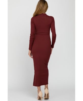Maternity Burgundy Ribbed Mock Neck Side Slit Maxi Dress