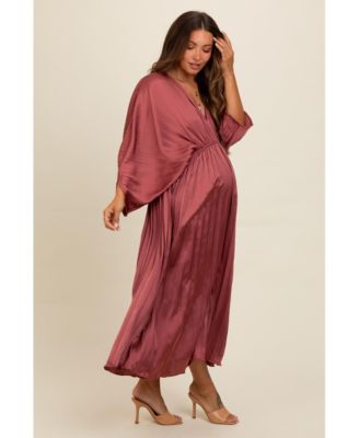 Maternity Forest Green Satin Pleated V-Neck Maxi Dress