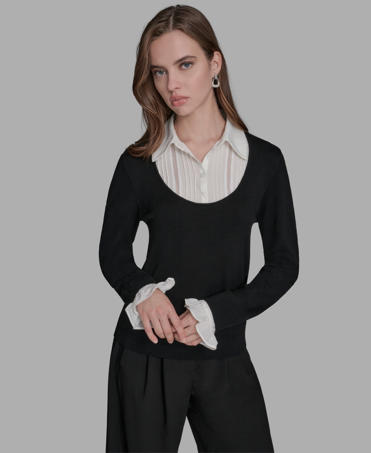 Bcbg Women's Long Sleeve With Embroidered Bib Sweater In Black