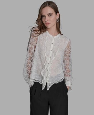 BCBG - Women's Long Sleeve Lace with Rhinestone Top