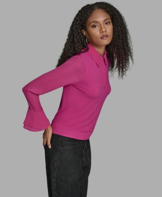 Women's Long Sleeve Ruffle-Cuff Collared Top