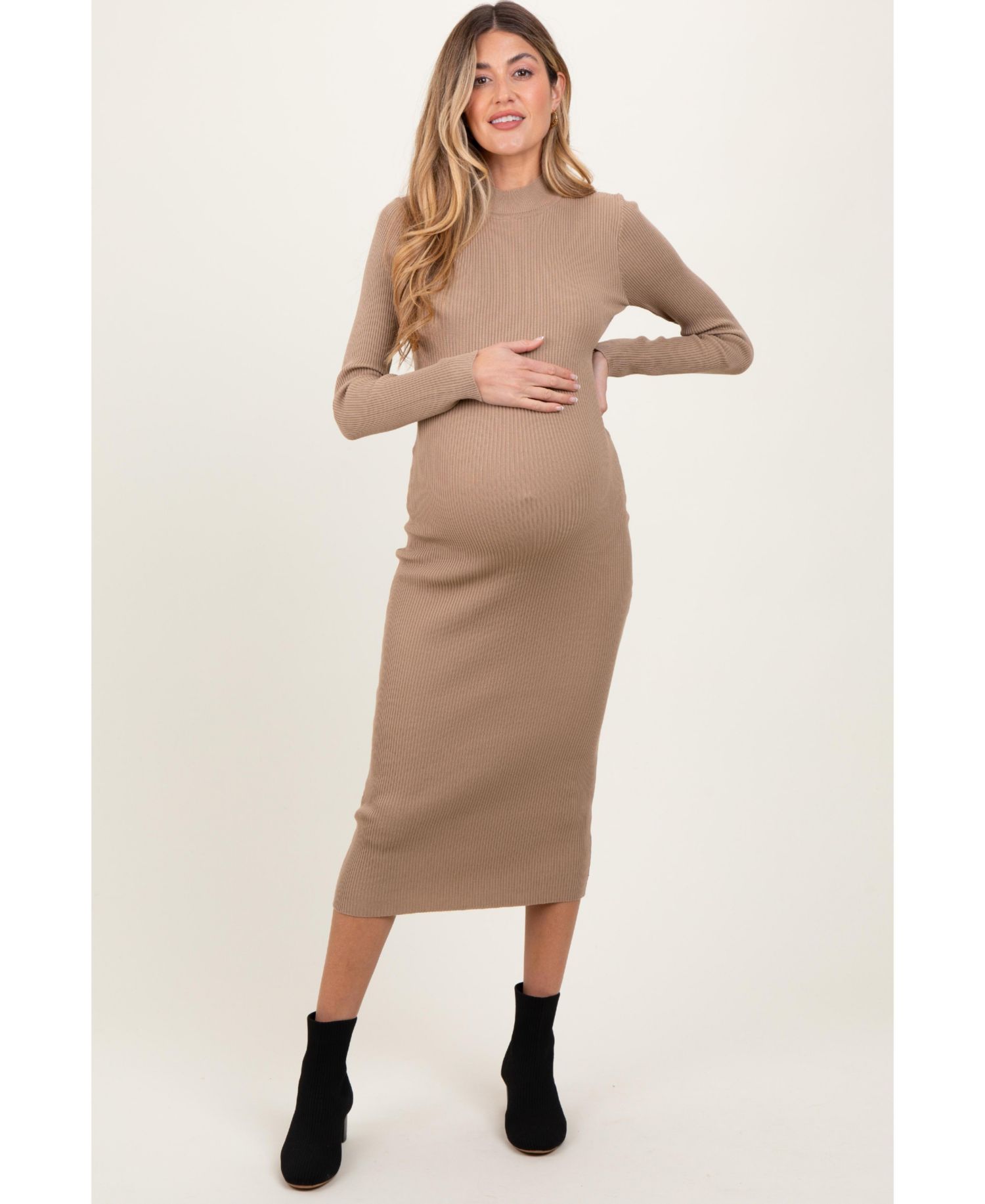 Maternity Light Taupe Mock Neck Fitted Ribbed Knit Midi Dress