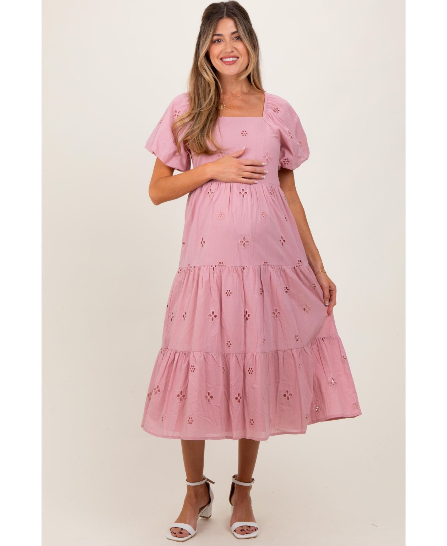 Women's Pink Eyelet Square Neck Midi Dress