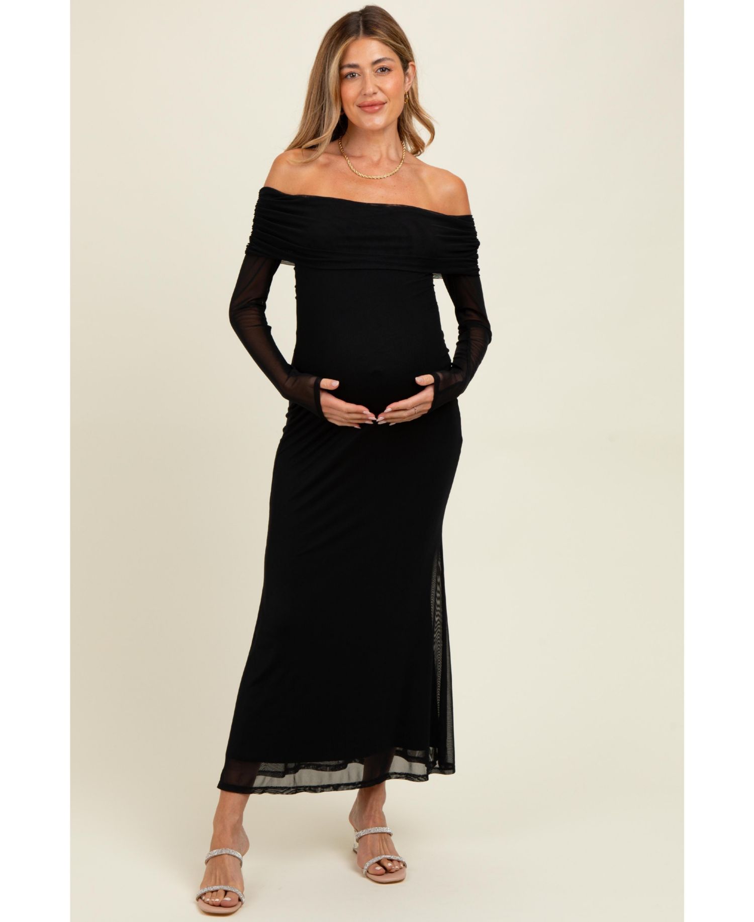 Women's Black Mesh Overlay Off Shoulder Long Sleeve Midi Dress