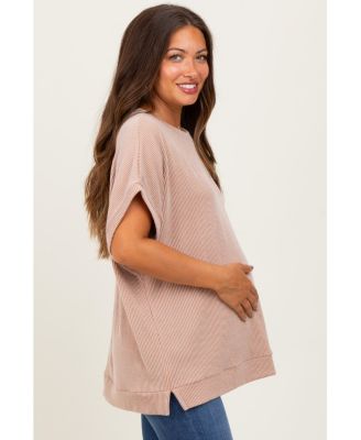Maternity Olive Solid Ribbed Short Sleeve Oversized Tunic Top