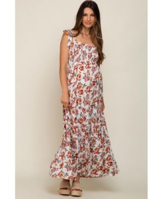 Maternity Light Blue Floral Smocked Shoulder Tie Tiered Maxi Dress
