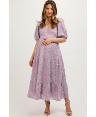 Maternity Lavender Fringe Textured Short Puff Sleeve Midi Dress
