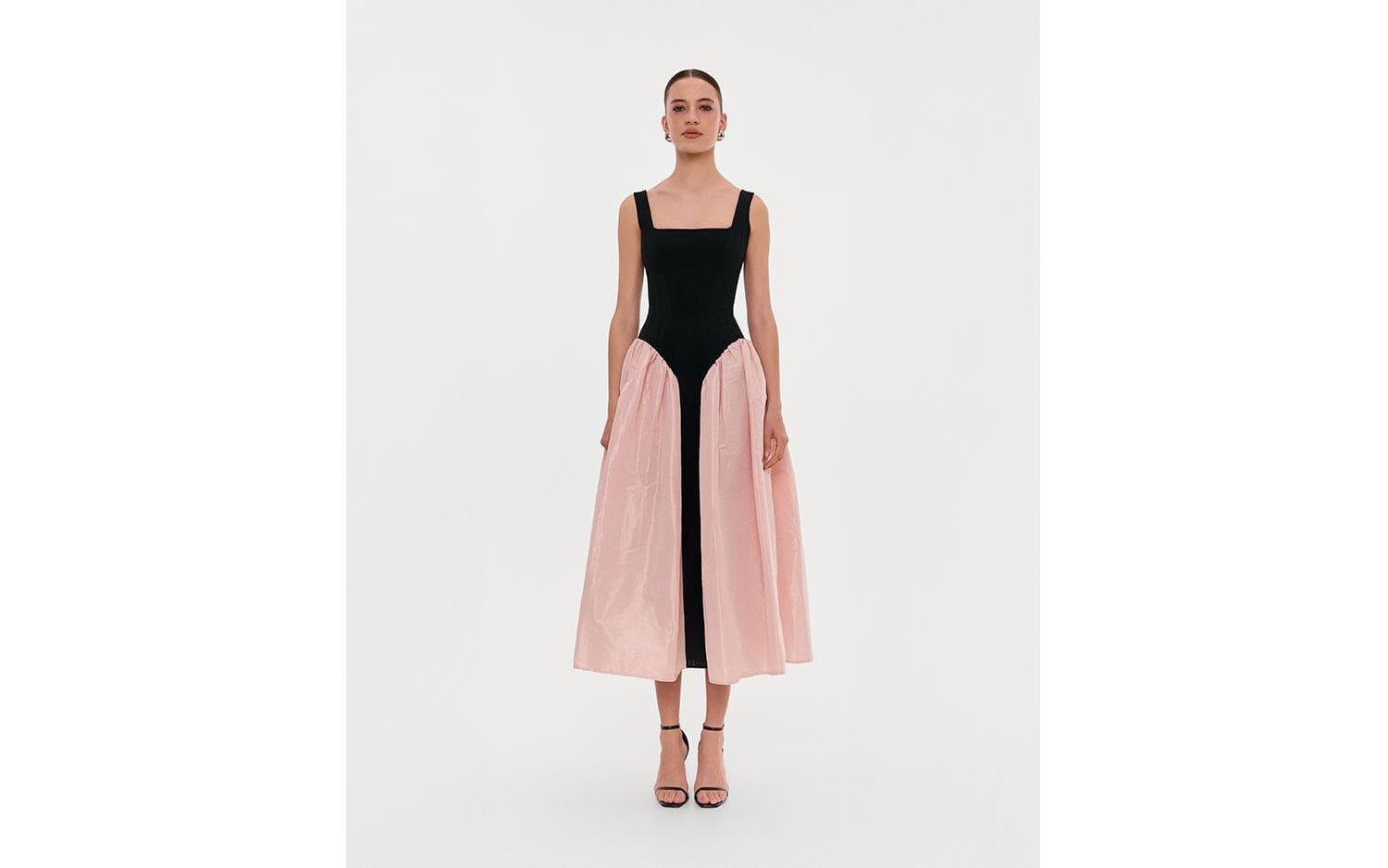Women's Corset Dress On Straps With A Glossy Midi Skirt