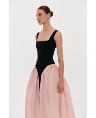 Women's Corset Dress On Straps With A Glossy Midi Skirt