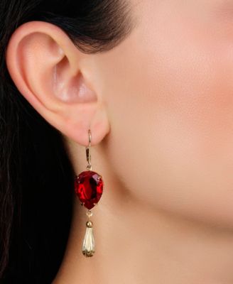 Gold Tone Red Teardrop Crystal Earrings
