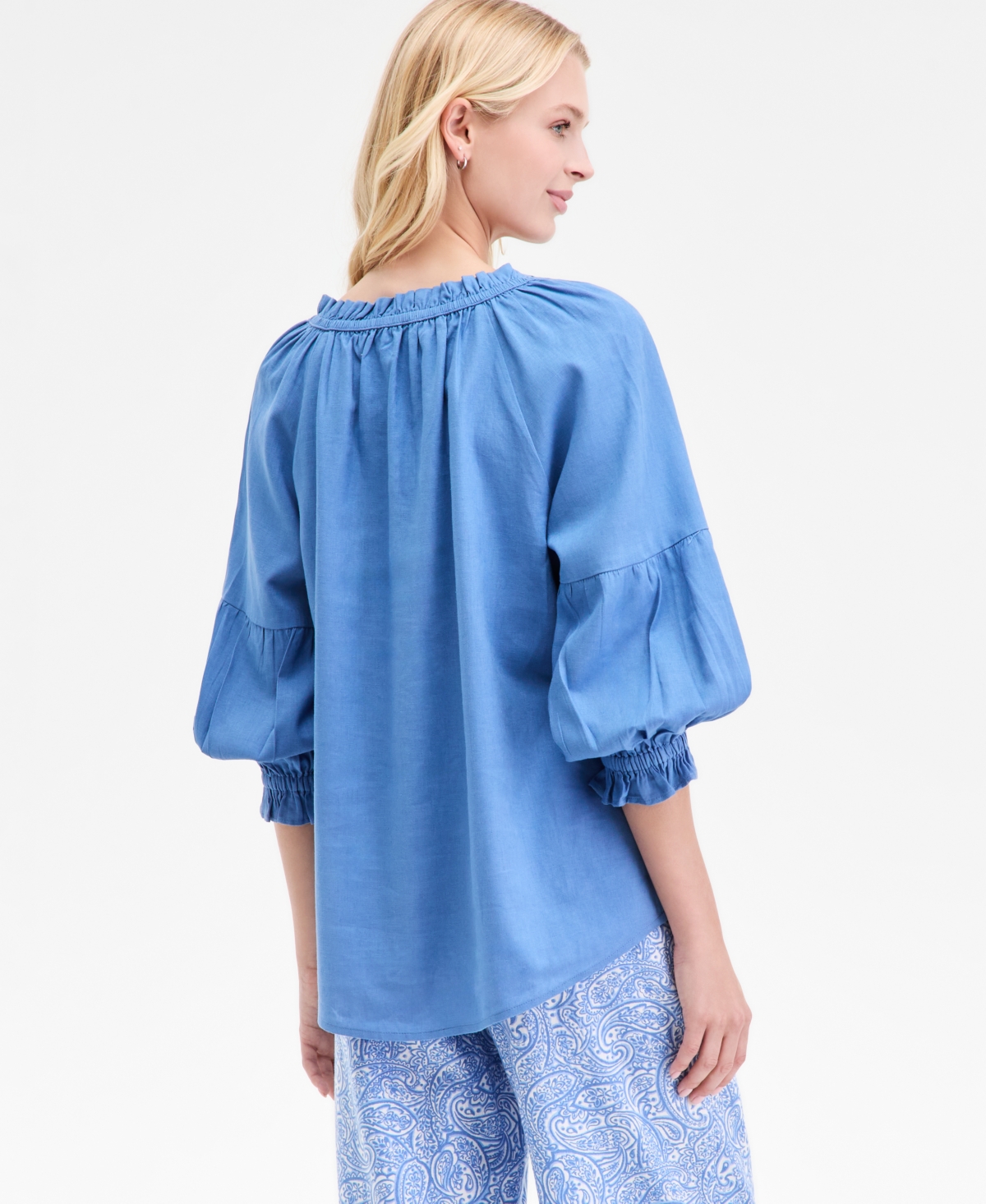 Nautica Jeans Women's Split-neck Ruffled-trim Blouse In Blue