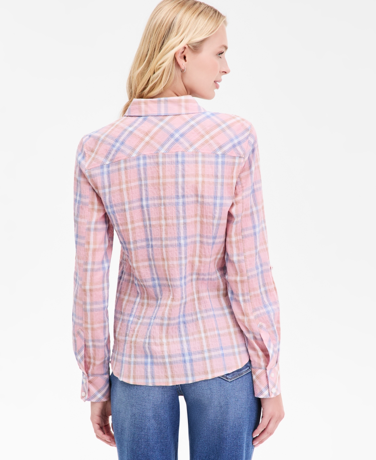 Nautica Jeans Women's Cotton Crinkle Plaid Roll-tab Shirt In Multi