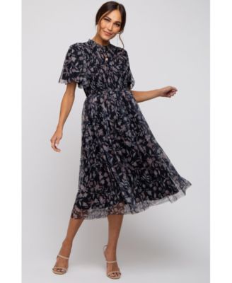 Maternity Black Floral Smocked Mesh Knit Midi Dress