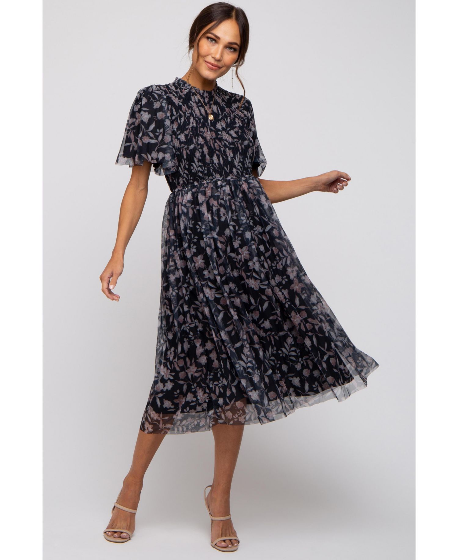 Women's Black Floral Smocked Mesh Knit Midi Dress