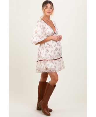 Maternity Cream Floral Deep V-Neck Back Cutout Dress