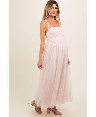 Maternity Light Pink Square Neck Shoulder Tie Tulle Maxi Dress