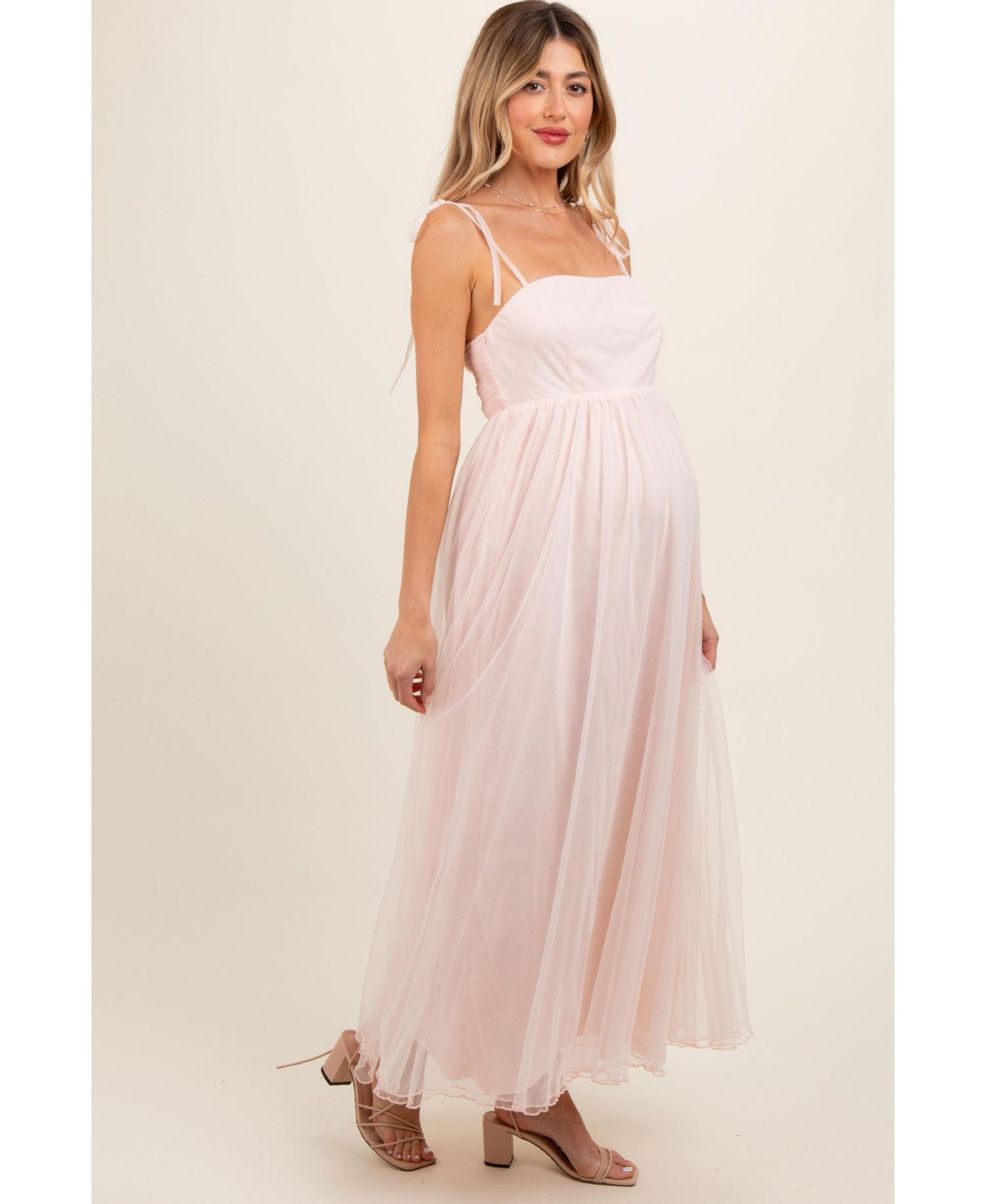 Women's Light Pink Square Neck Shoulder Tie Tulle Maxi Dress