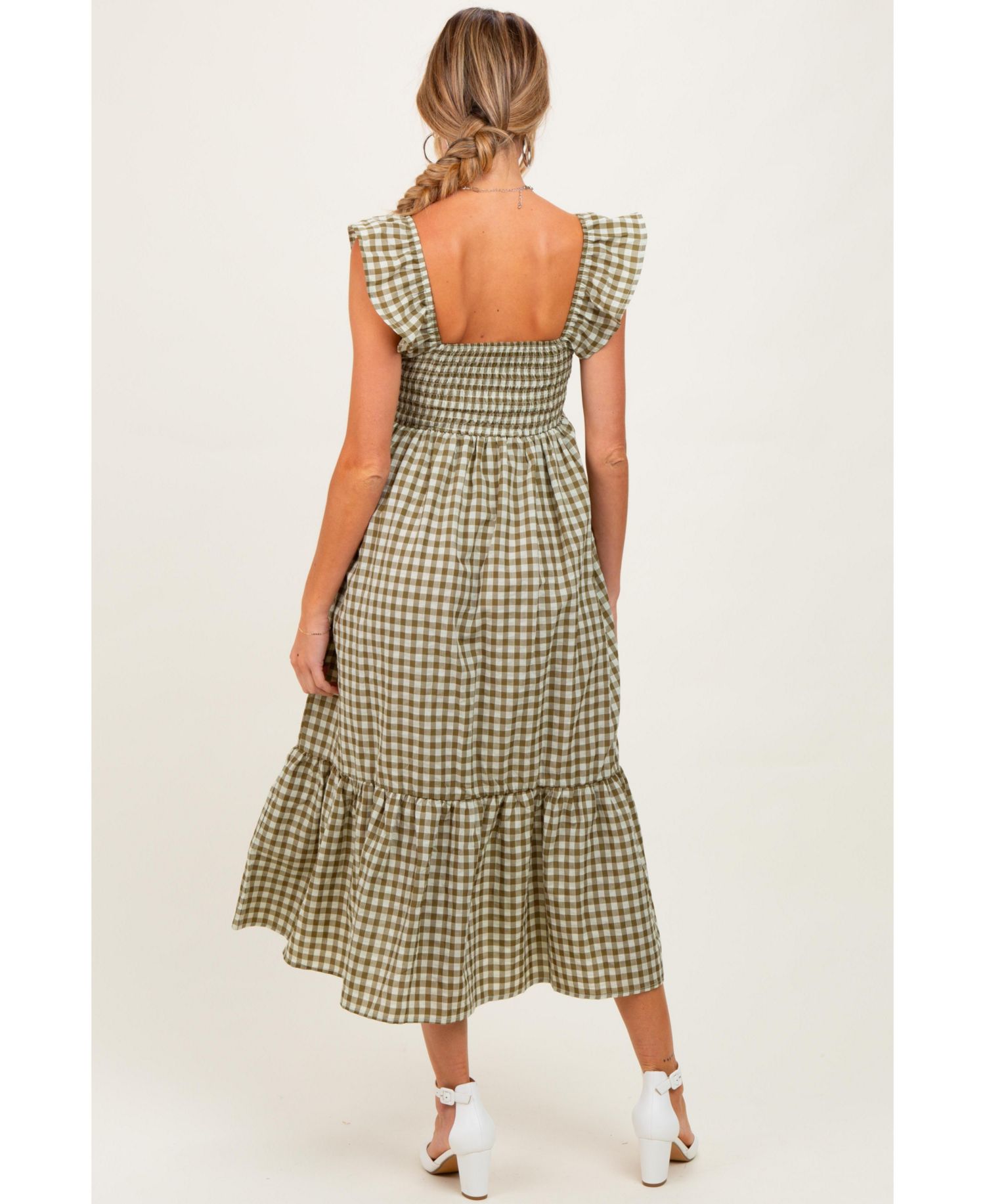Women's Olive Gingham Ruffle Strap Midi Dress