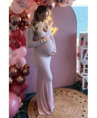 Maternity Pink Metallic Off Shoulder Long Sleeve Wrap Photoshoot Gown/Dress