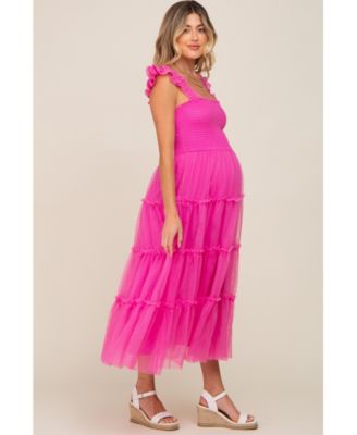 Maternity Smocked Mesh Ruffle Accent Midi Dress