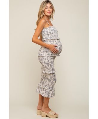Maternity Cream Floral Smocked Fitted Midi Dress
