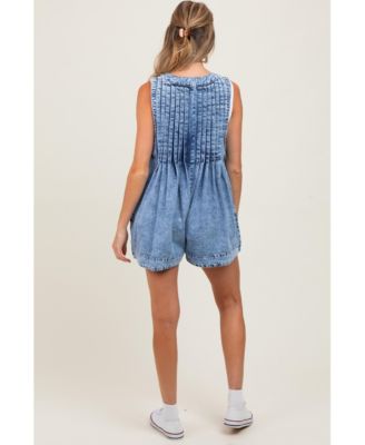 Blue Deep V-Neck Pleated Front Tie Sleeveless Maternity Romper