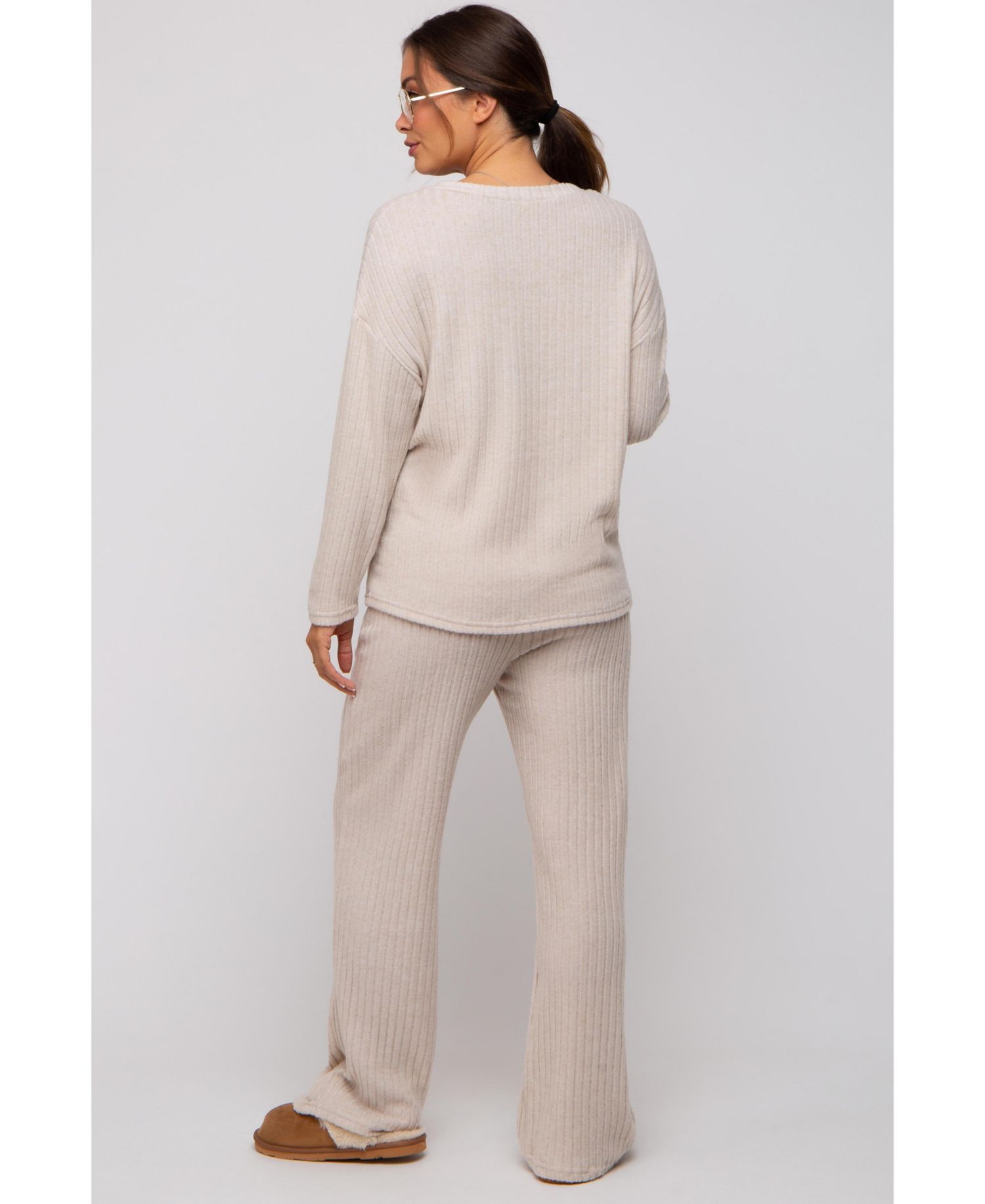 Women's Light Blue Ribbed Soft Knit Long Sleeve Pajama Set