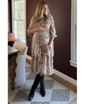 Maternity Brown Printed Split Ruffle Collar Midi Dress