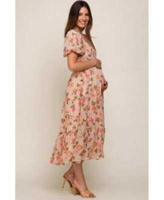 Maternity Pink Floral Button Puff Sleeve Midi Dress