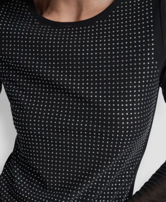 Women's Dome Studs Mesh Long Sleeve Slim Fit Top