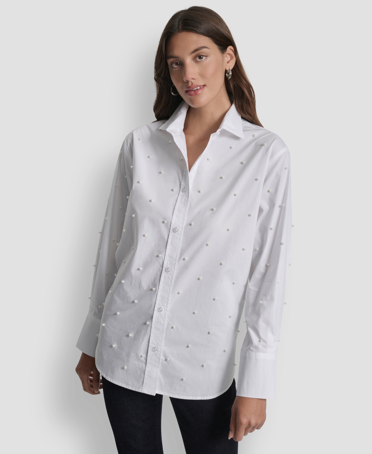 Dkny Jeans Women's Imitation Embellished Long Sleeves Shirt In White