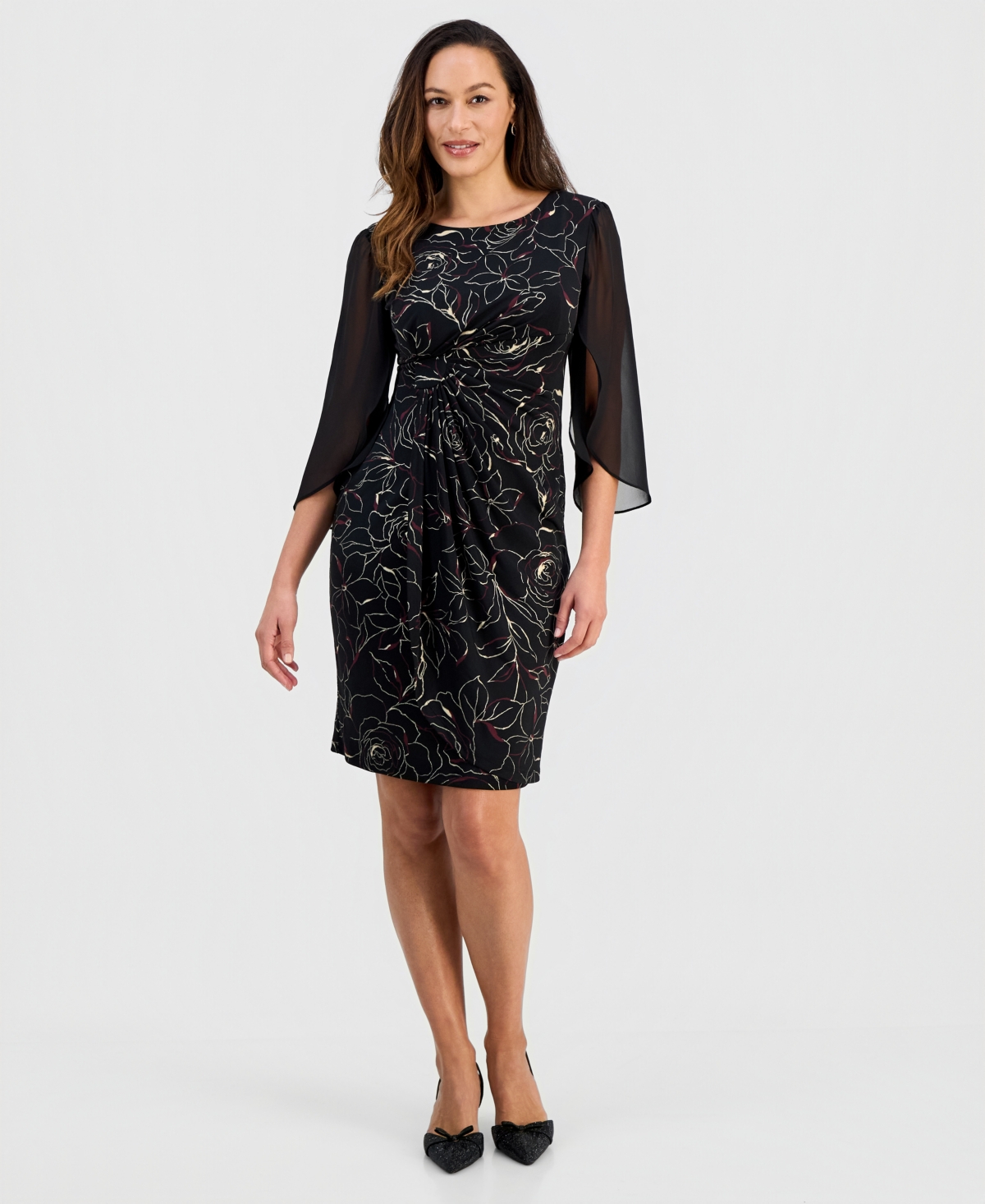 Connected Petite Sheer-Sleeve Printed Sheath Dress