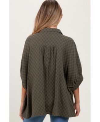 Maternity Olive Checker Print Short Sleeve Oversized Blouse