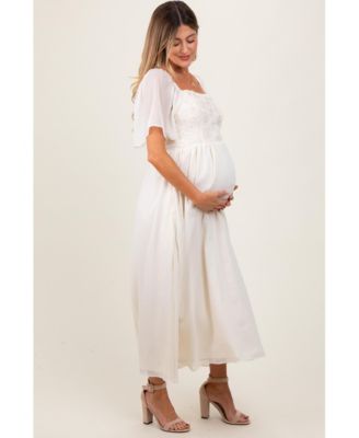 MaternityCream Floral Applique Flutter Sleeved Maternity Midi Dress