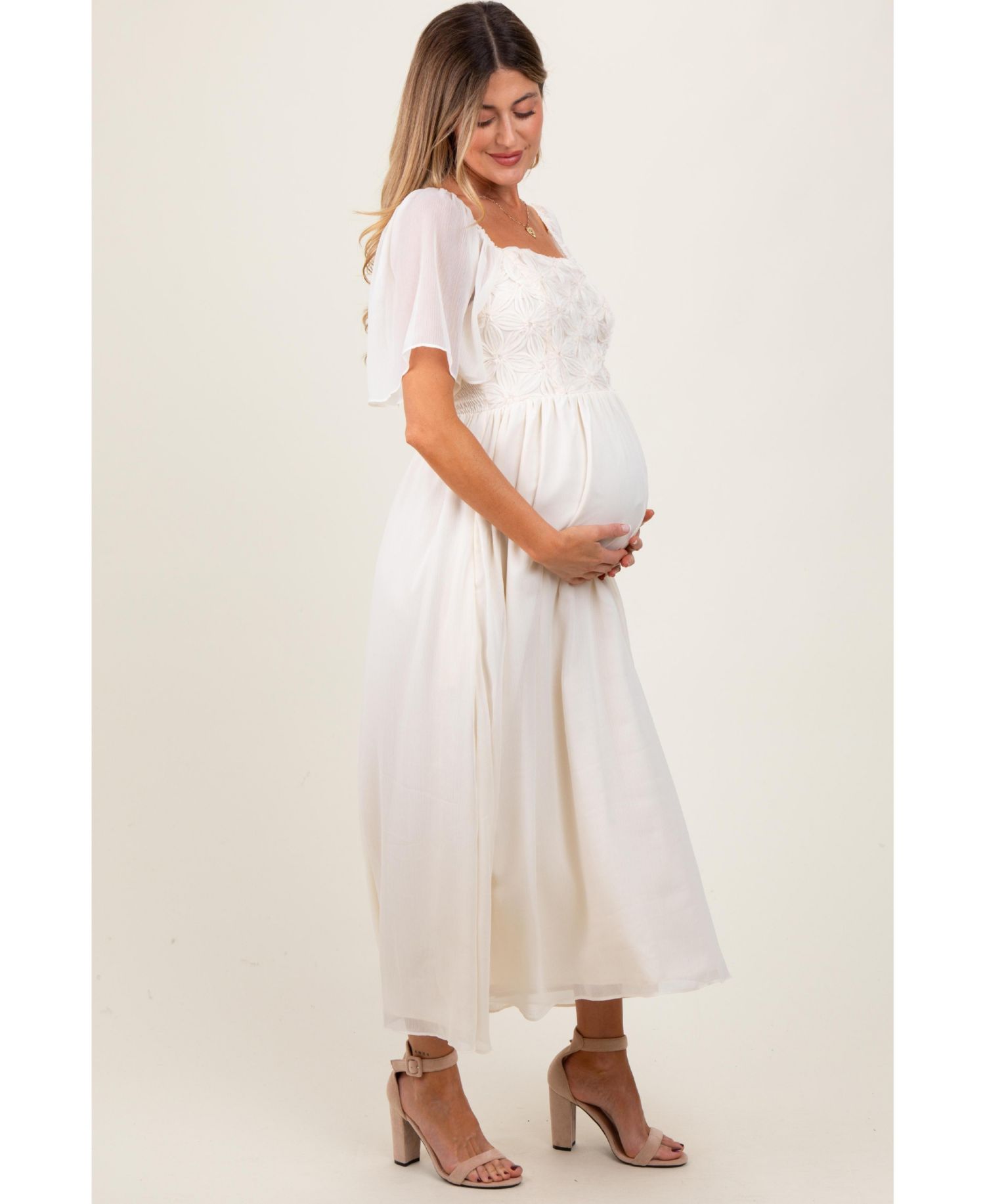 Women's Cream Floral Applique Flutter Sleeved Midi Dress