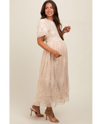 Cream Embroidered Smocked Maternity Midi Dress