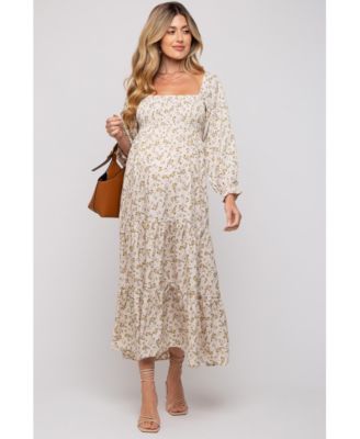 Maternity Cream Floral Smocked Long Sleeve Maxi Dress