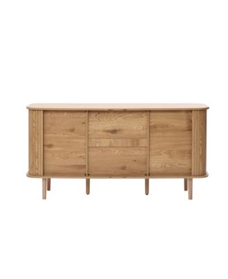 Oak Finish MDF Wood 3-Drawer Sideboard Cabinet with Sliding Doors & Rounded Corners