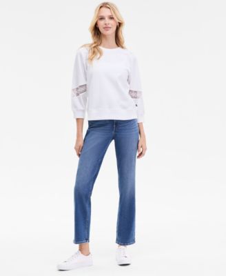 Women's Pleated Lace-Trim 3/4-Sleeve Sweatshirt