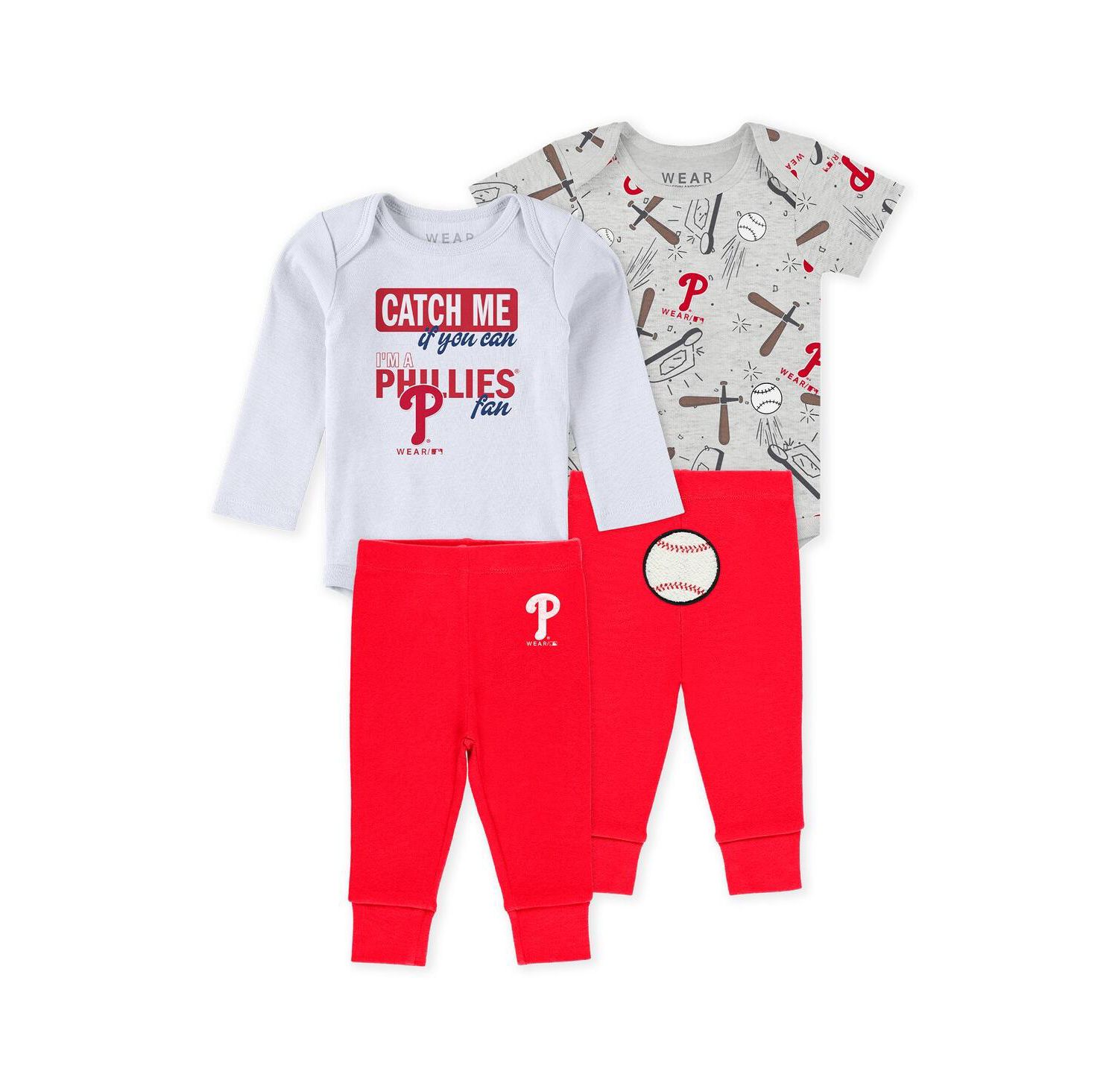 Baby Boys and Girls 3-Piece Heather Gray/White/Red Philadelphia Phillies Turn Me Around Bodysuits and Pants Set