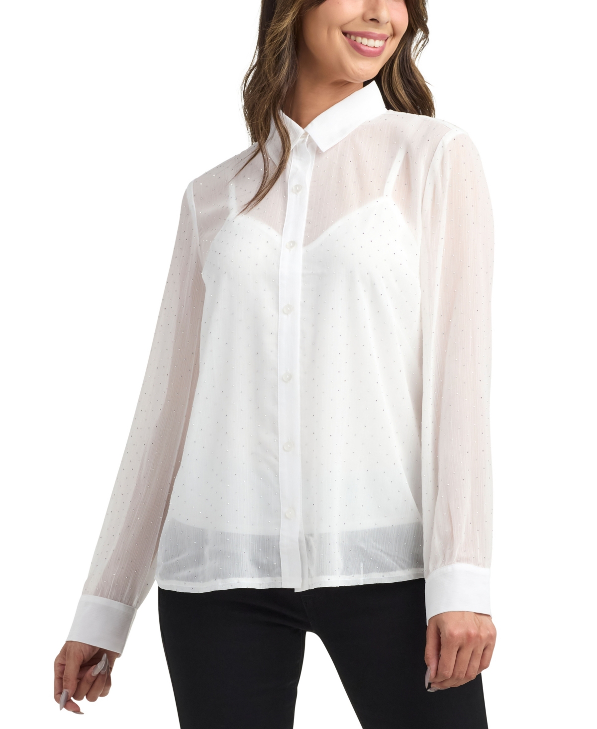 Bcx Women's Studded Chiffon Long Sleeves Shirt In White