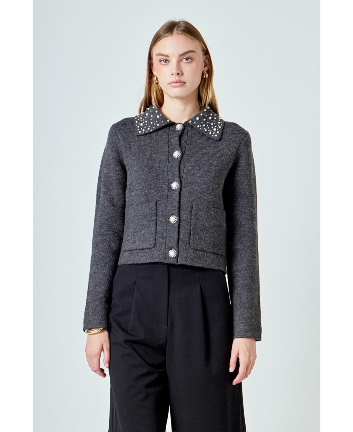 Endless Rose Women's Pearl Embellished Collar Cardigan