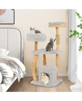 49'' Tall Wooden Cat Tree Solid Wood Cat Tower w/ Jute Scratching Posts