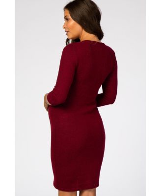 Maternity Burgundy Brushed Knit Wrap Fitted Maternity/Nursing Dress