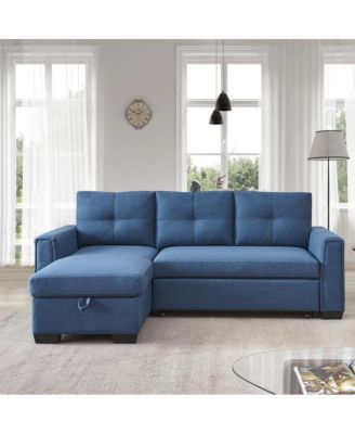 Tufted Sectional Chaise Sofa Sleeper with Storage in Blue