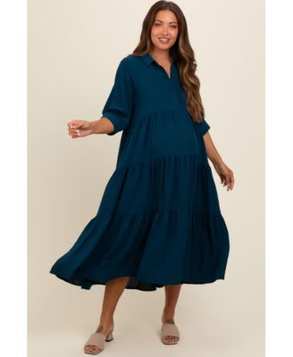 Maternity Dark Teal Collared Button Up Tiered Midi Dress