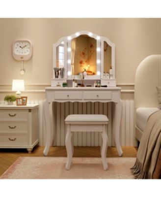 2Pc Lighted Mirror and Drawers Makeup Vanity Table Set