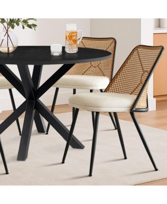 5 Piece Set 39.4 Inch Round MDF Table Faux Rattan Back Chairs Starburst Metal Base Mid Century Modern Dining Room Set